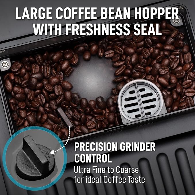 Zulay Kitchen Magia Clasica Automatic Espresso Machine with Built-In Grinder, Touch Panel Coffee Maker, Steam Wand Milk Frother, Adjustable Strength, Self-Cleaning, Black (13" x 17.7" x 9.4")