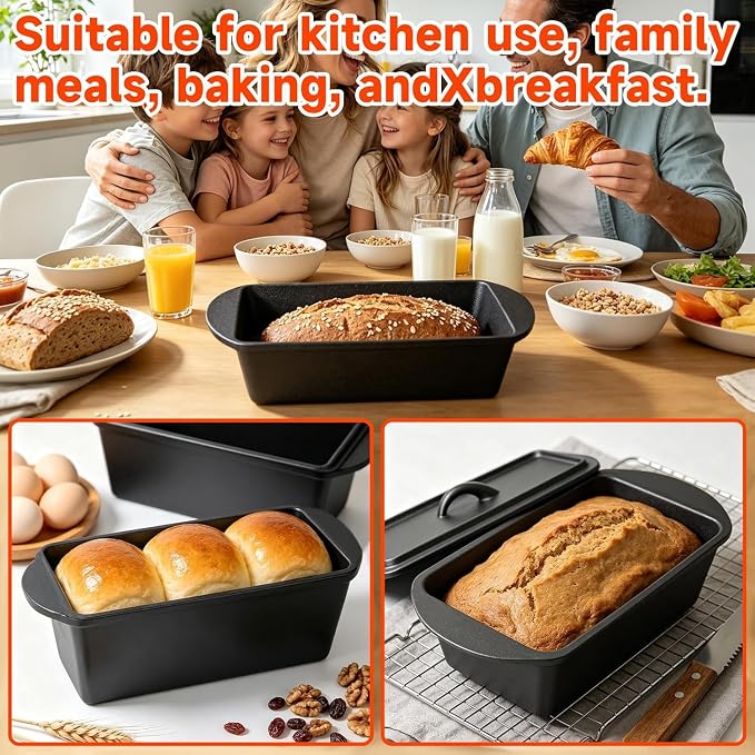 Black Cast Iron Loaf Pan with Lid, 13.8 Inch Bread Baker for Sourdough | For sandwich bread, banana bread, pound cake, meatloaf, casseroles and home oven baking.