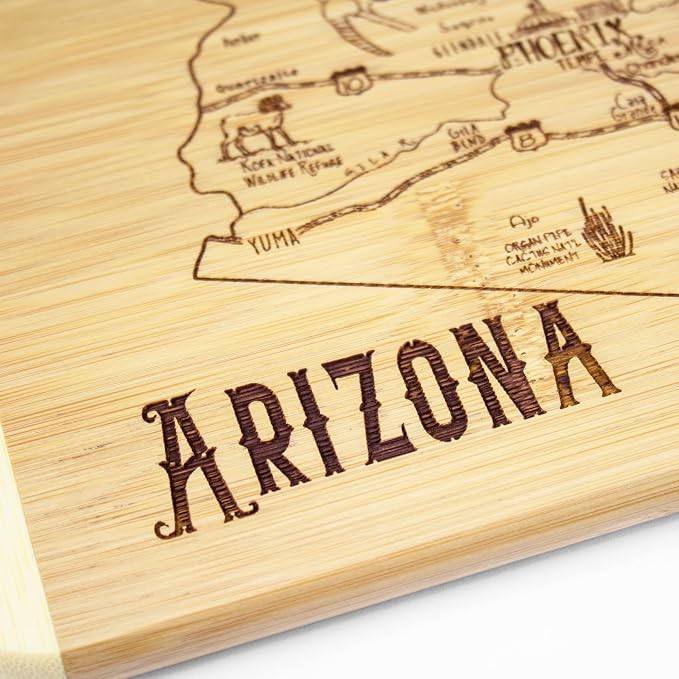 Totally Bamboo A Slice of Life Arizona Engraved Map Cutting Board | 11” x 8.75” charcuterie board with engraved state map artwork. Smooth reverse side for food prep. Hang tie for wall display.