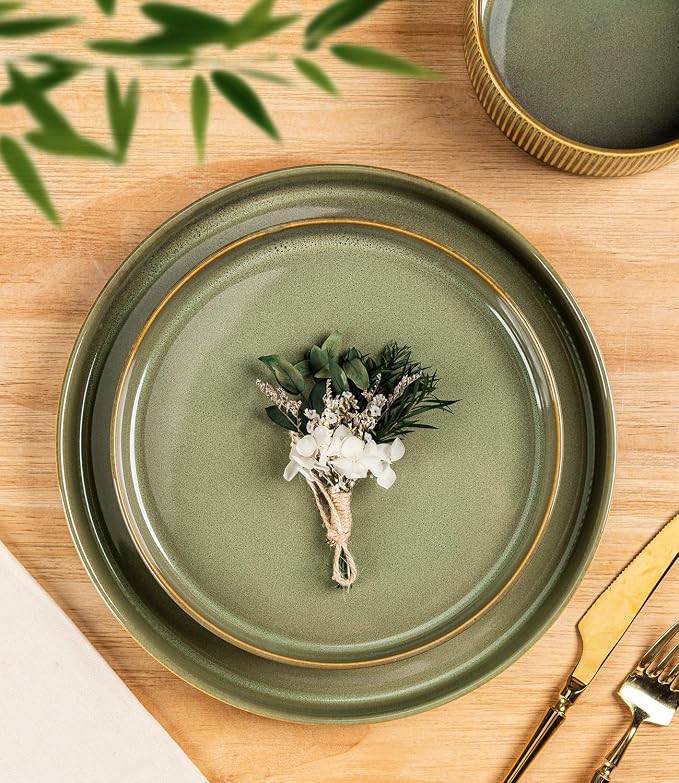 Ceramic Dinnerware Set for 4, 16-Piece Plates and Bowls Set | Lightweight Porcelain Dish Set, Scratch Resistant, Oven & Microwave & Dishwasher Safe, Sage Umber