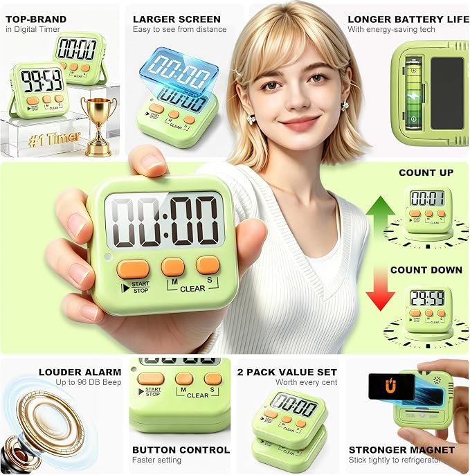 2 Pack Digital Timer for Kids Classroom Kitchen Timers for Cooking | w/ Battery, Easy to View, Alarm, Mute Mode, Count Down/Up, Magnetic, Kickstand, Hanging, Classroom Timer for Teacher Supplies