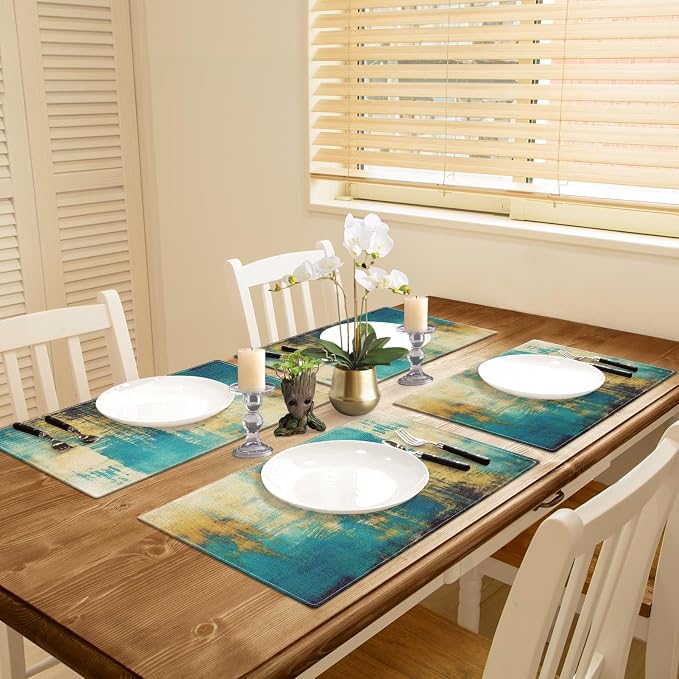 Emvency Farmhouse Placemats Set of 4, 12x18 Inch, Turquoise and Yellow | Abstract Vintage Art Painting Table Mats for Outdoor Home Party Kitchen Dining Decoration