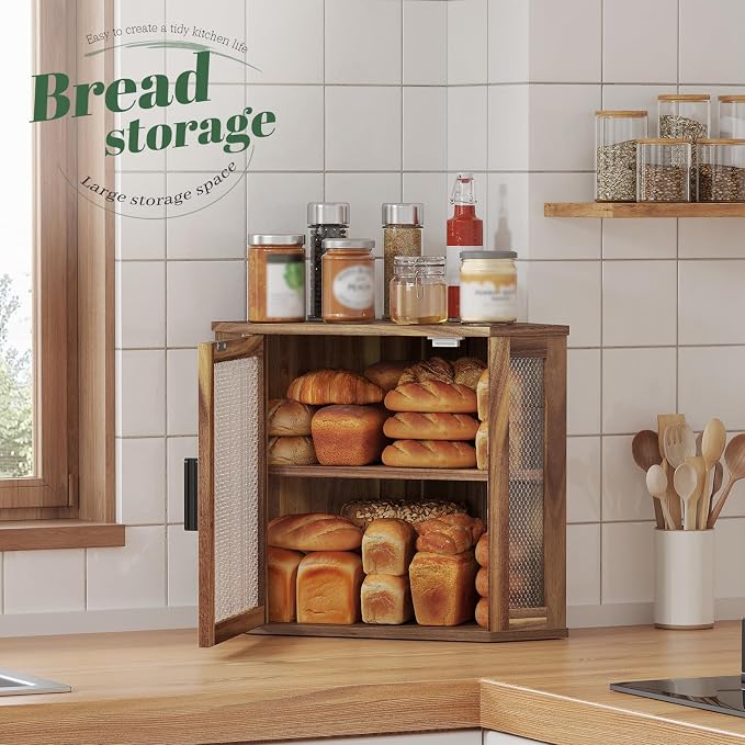 STDDRE Corner Bread Box for Kitchen Countertop 2-Tier Acacia Wood Kitchen Countertop Bread Storage Large Capacity Farmhouse Bread Box with Window Bread Holder Corner Food Organizer (Medium)