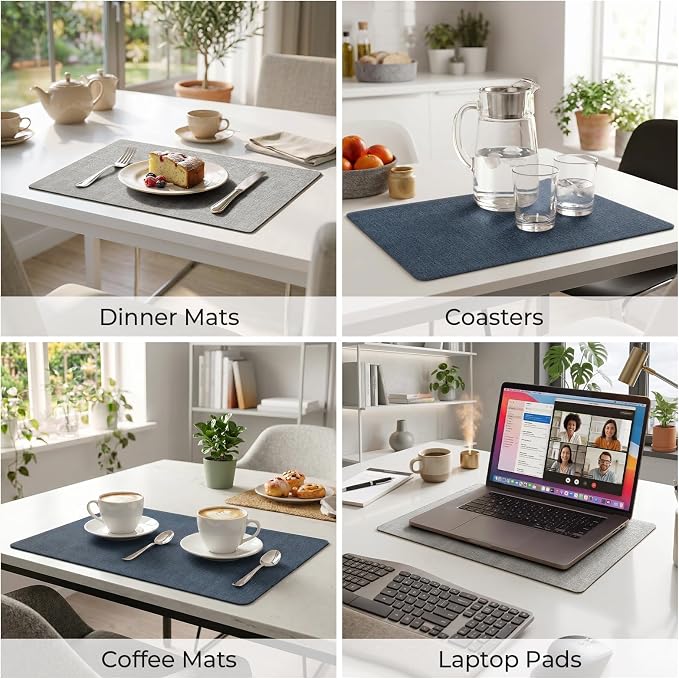 Romanstile Vinyl Placemats Set of 4, Reversible Faux Leather Heat Resistant Wipeable Table Mats, Waterproof Washable Non-Slip Table Placemats for Dining/Kitchen/Outdoor (Grey Nave Blue, 12" x 17")