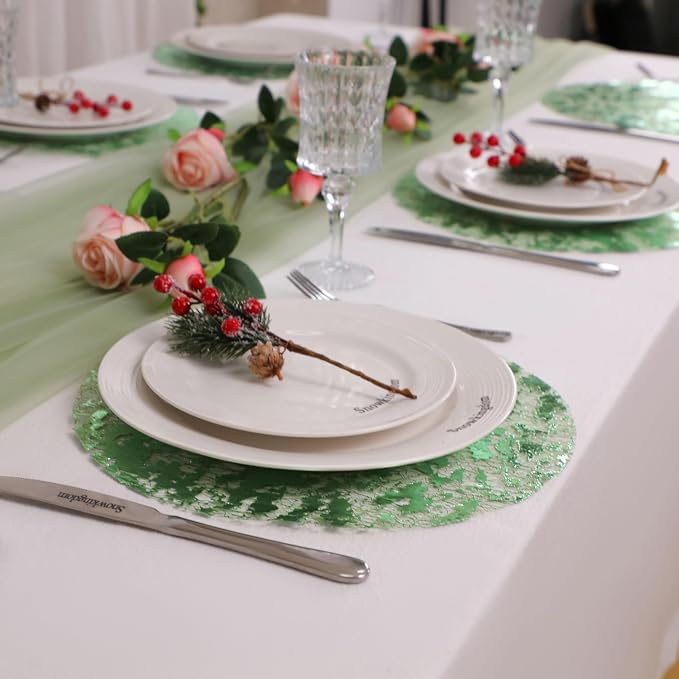 Snowkingdom 24 Pcs Sage Green Placemats, Disposable 13" Round Table Mats with Metallic Foil Glitter Paper doilies Chargers Centerpiece, Wedding Holiday Christmas Thanksgiving Party Dining Table Decor