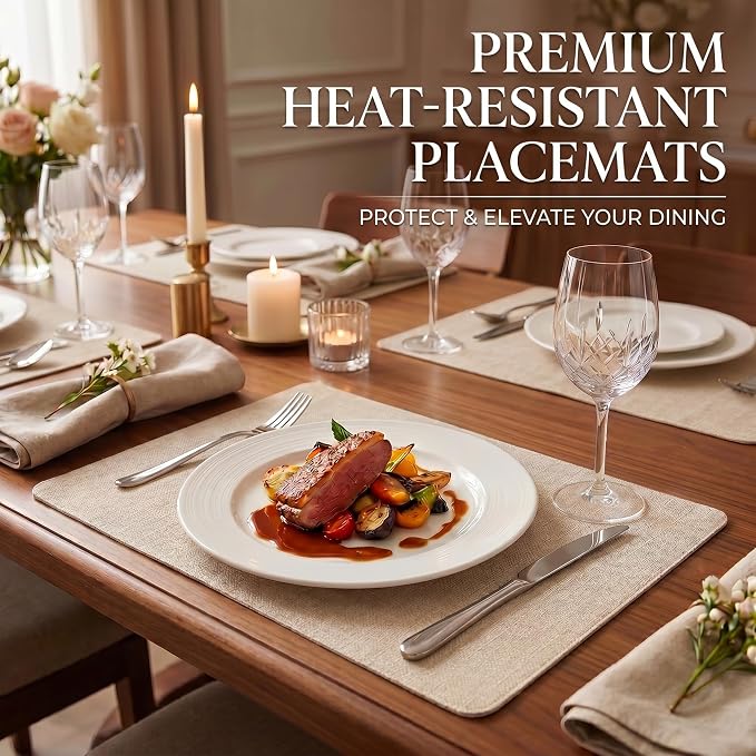 Faux Leather Placemats Set of 6, Wipeable Waterproof Stain Resistant Table Mats, Heat Resistant Thick Placemats with Hand-Painted Edges for Kitchen Dining, Imitative Linen Texture, Various Shapes