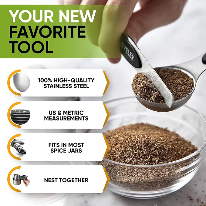 Spring Chef Magnetic Measuring Cups & Spoons Set of 16, Patented, Black | Stackable Stainless Steel Measuring Cups & Heavy Duty Metal Measuring Spoons with Levelers for Dry & Liquid Ingredients
