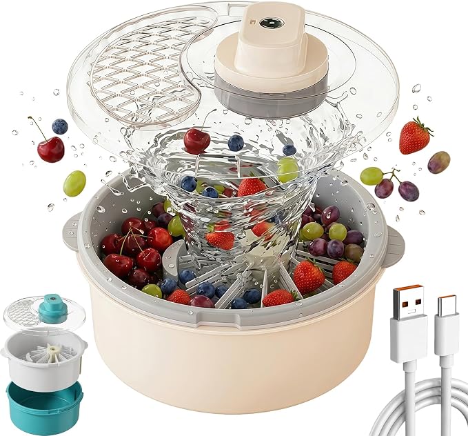 2026 Multifunctional Electric Fruit Cleaner＆Salad Spinner, Upgraded Fruit Washer Spinner Bowl with Non-Slip Base,Ultra-Fast Spin-Drying with One Touch，White