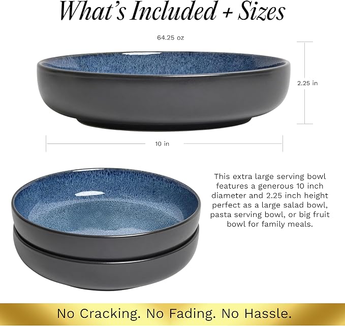 Sango Resona Blue & Black Large Serving Bowl (Set of 2), 64.25 oz, 10" Stoneware Bowls for Pasta, Salad & Dinner, Ceramic Bowls for Entertaining with Glossy Reactive Glaze, Dishwasher & Microwave Safe