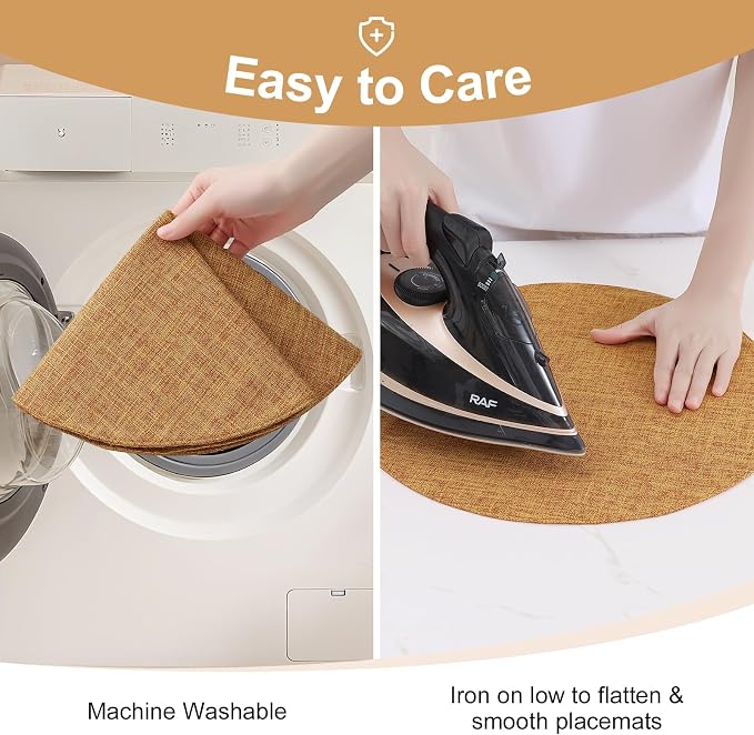 Cotton Linen 15 Inch Round Cloth Place mats, Set of 6, Amber | Washable Table Mats, Heat Resistant, Reversible, Wipeable Place Mats for Indoor Outdoor