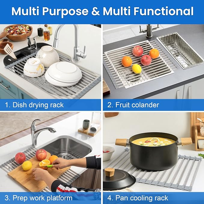 Roll Up Dish Drying Rack Over the Sink 12.5"-21.6" Expandable | 304 Stainless Steel Foldable Sink Drying Rack, Dish Drainer for Kitchen Sink, Dish Dryer Rack Mat for Kitchen Counter, Gray