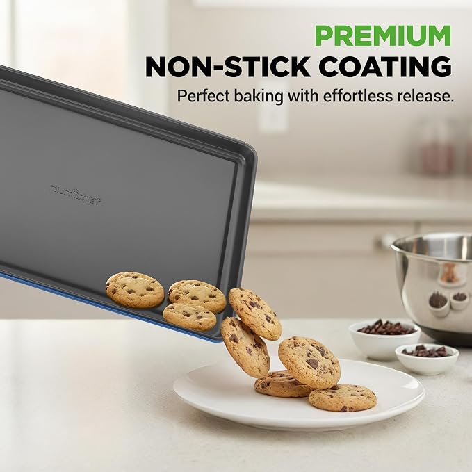 NutriChef 8-Piece Nonstick Stackable Bakeware Set - PFOA, PFOS, PTFE Free Baking Tray Set w/Non-Stick Coating, 450°F Oven Safe, Round Cake, Loaf, Muffin, Wide/Square Pans, Cookie Sheet (Blue)