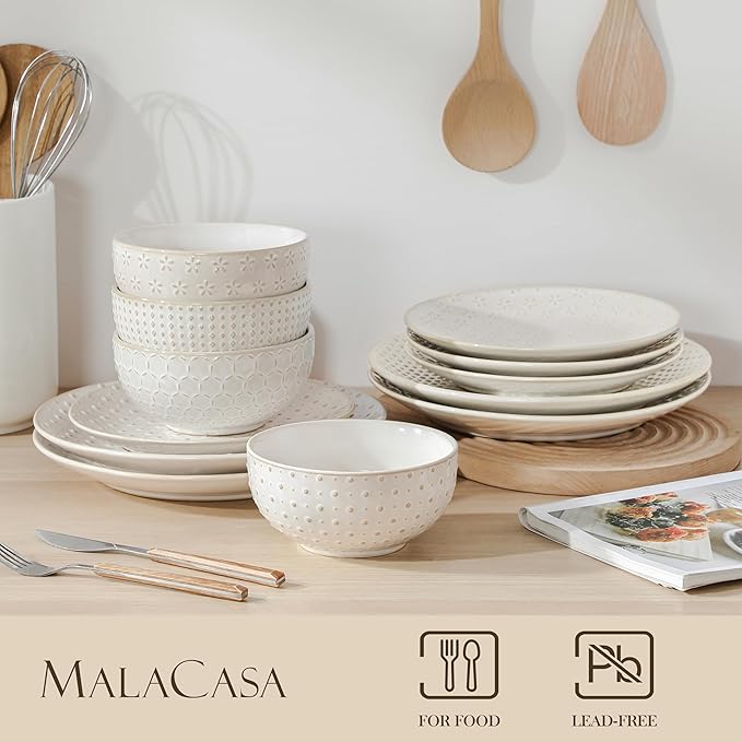 MALACASA 12 Pieces Dinnerware Sets, Farmhouse Plates and Bowls Sets, Embossed White Dish Set for 4, Vintage Relief Ceramic Dish Set, Chip-Resistant, Microwave and Dishwasher Safe, Series LYDIA