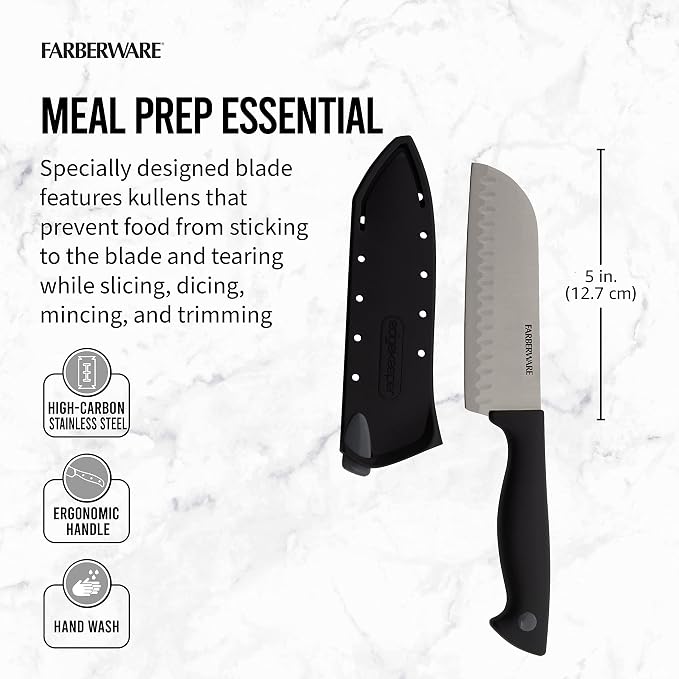 Farberware EdgeKeeper 5 Inch Santoku Knife with Self-Sharpening Blade Cover, High-Carbon Stainless Steel Blade with Oval Indentations, Ergonomic Handle