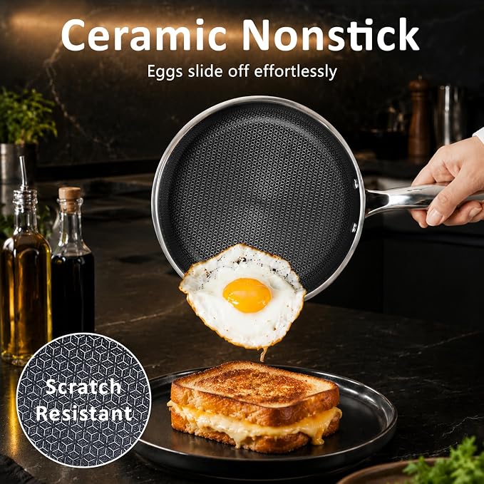 SAKAMOSH 8" 9.5" 11" Hybrid Nonstick Frying Pan Set, Stainless Steel | PFAS/PFOA/PTFE-Free Ceramic Pan, Dishwasher & Oven Safe, Skillet WithStay-Cool Handle, Compatible with All Cooktops