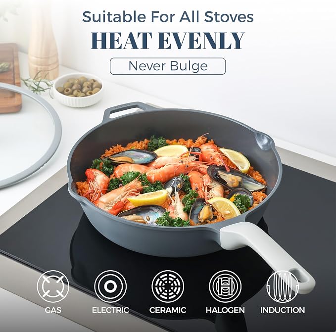 PRICUSIS Ceramic Nonstick Deep Saute Pan with Lid, 10/12 Inch Non Toxic Pans with Double Pour Spout, Helper Handle and Lid, Metal Utennsil Safe, Dishwasher Safe, (12 Inch, Gray)