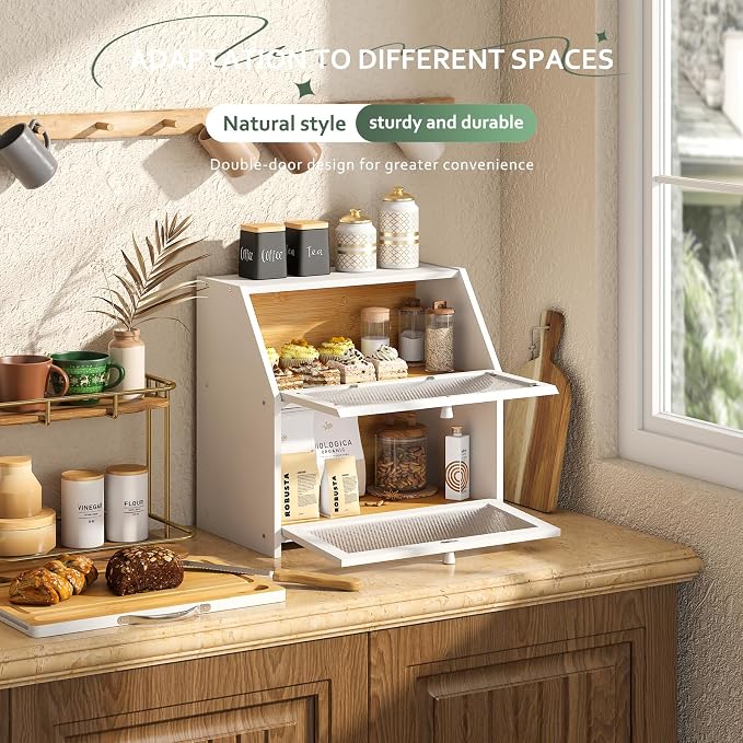 STDDRE Double Layer Bamboo Corner Bread Box with Cutting Board(White) | Extra-large capacity. Double Layer Bread Storage Bin with Door Panel for Kitchen Counter.for kitchen counter