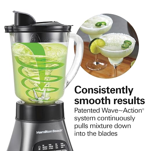 Hamilton Beach Blender and Food Processor Combo for Shakes & Smoothies, With 3 Cup Electric Food Chopper Attachment, 40 oz Glass Jar, Blender Travel Cup, 700 Watts Peak Power, Gray & Black (58163)