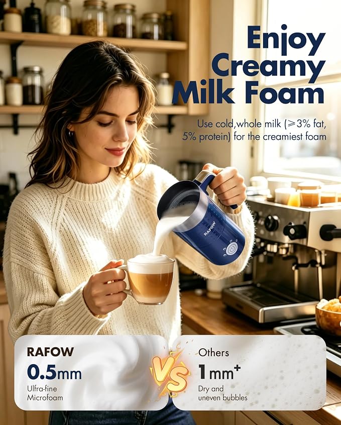 Milk Frother Electric 4 in 1: 10oz/350 mL Large Capacity Electric Milk Steamer for Hot and Cold Milk Froth - Automatic Milk Frother & Warmer for Latte, Cappuccinos, Macchiato, Hot Chocolate-Blue