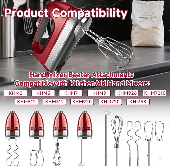 Hand Mixer Attachments Beater for Kitchenaid Hand Mixers KHM3 KHM5 KHM7 KHM9, Including Whisk, Mixing Rod and Dough Hook, Stainless Steel Hand Mixer Accessories (Set of 6)
