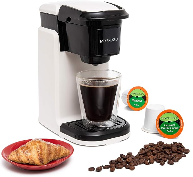 Mixpresso Single Serve Coffee Maker K Cup Coffee Maker for K Pods & Grounds | Compact 800W White Coffee Machine with 12 Oz Water Tank, Fast Brew & Auto Shut-Off, Small Design for Travel RV, Office& Dorm