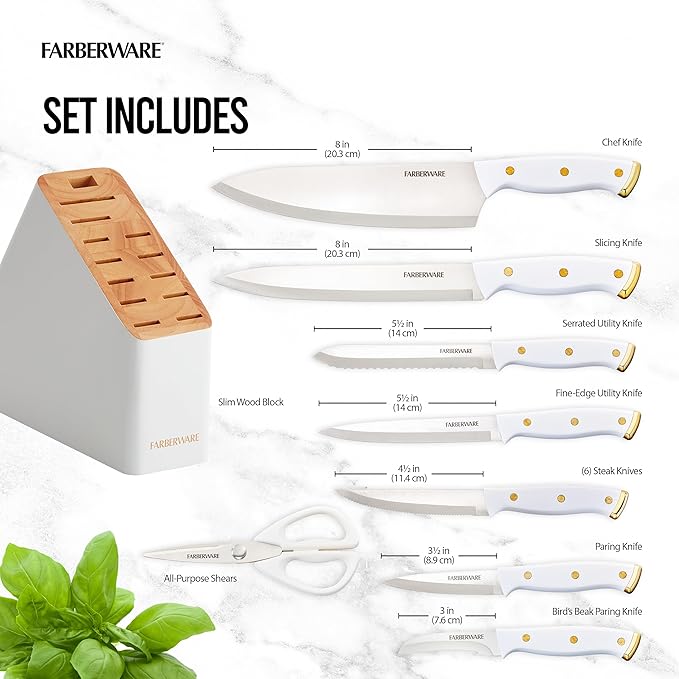 Farberware 15-Piece Knife Block Set, High-Carbon Stainless Steel Kitchen Knife Set with Triple Rivet Gold Endcap Handles and Slim Wood Block, White