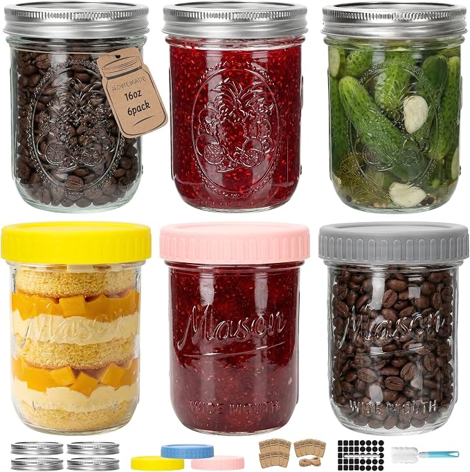 CycleMore 16oz 6 - Pack Wide Mouth Mason Jars with Airtight Lids & Colorful Lids, Glass Canning Jars with Measurement Marks, for Canning, Preserving, Overnight Oats, DIY Crafts
