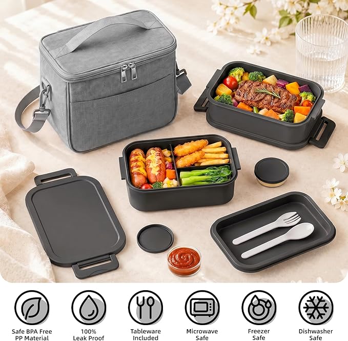 Bento Box Adults Lunch Box - 2130ml Lunch Box for Men with Insulated Lunch Bag, Utensils & Sauce Container, Leak Proof Bento Box for Boys, Reusable Plastic Lunch Containers for Work, Meal Prep, Black