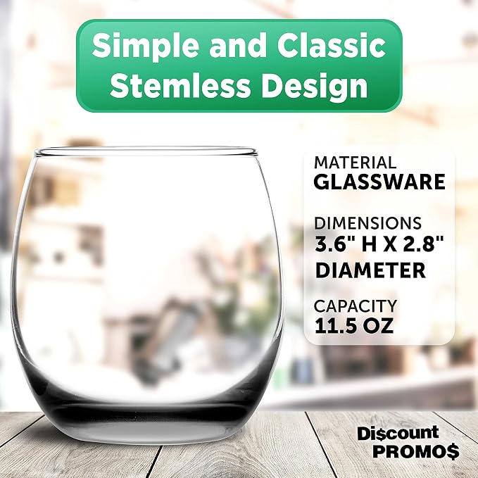 DISCOUNT PROMOS Mikonos Stemless Wine Glasses 11.5 oz. Set of 10, Bulk Pack - Restaurant Glassware, Perfect for Red Wine, White Wine, Cocktails - Black Bottom Color