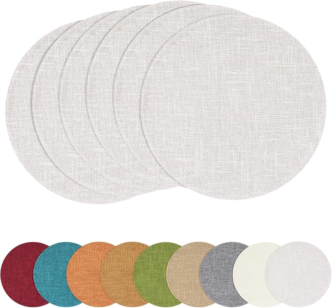 Cotton Linen 15 Inch Round Cloth Place mats, Set of 6, Beige | Washable Table Mats, Heat Resistant, Reversible, Wipeable Place Mats for Indoor Outdoor