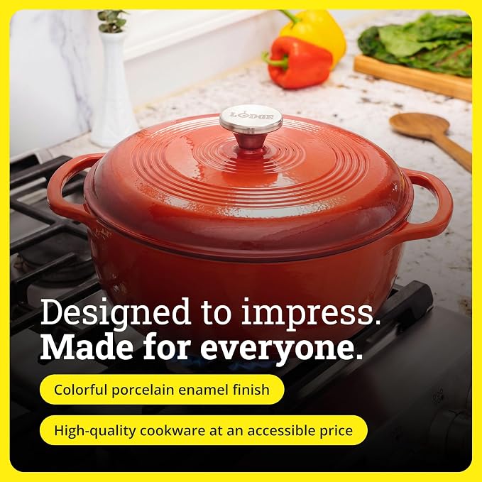 Lodge Essential Enamel Cast Iron Dutch Oven 6 Quarts - Perfect for Bread Baking, Braising, Marinating & Slow Cooking, Features Moisture-Sealing Lid & Dual Handles, Kitchen Essentials, Poppy