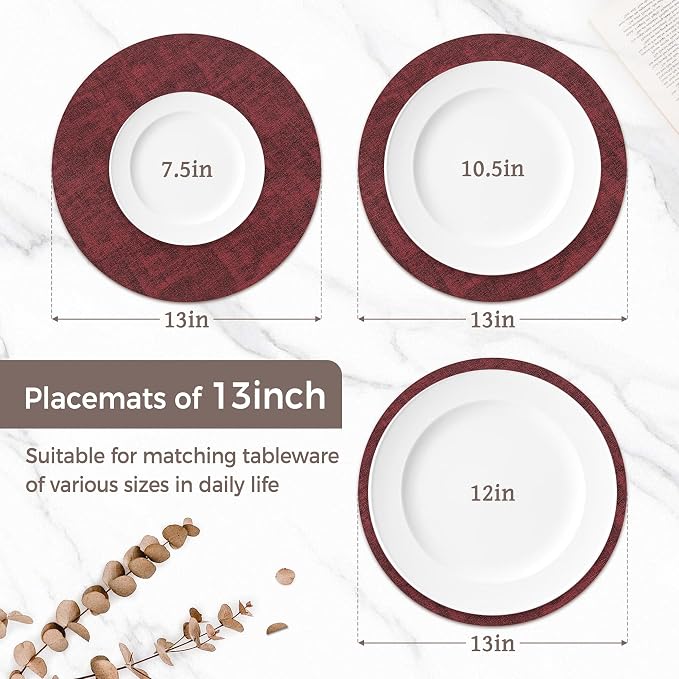 13" Round Placemats Set of 8, Reversible Faux Leather Wipeable Table Mats | 2mm Vinyl Heat Resistant, Waterproof Oilproof Scratch Proof Non-Slip, Washable for Kitchen Dining Indoor Outdoor (Burgundy)
