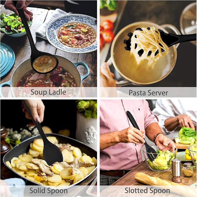 P&P CHEF Black Kitchen Utensils, Silicone Cooking Utensil Set of 7 | Soft Spatula for Nonstick Cookware, Slotted Turner, Soup Ladle, Pasta Server, Spoon for Cooking, Dishwasher Safe & Heat Proof