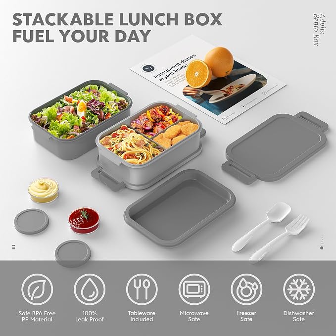 Adult Bento Box Lunch Box - 3 Layers Stackable Bento Lunch Box for Adults, 72oz Large-Style All-in-One Bento Boxes Leak-Proof Lunchbox with Utensil Sauce Containers for Dining Out,Work, Grey