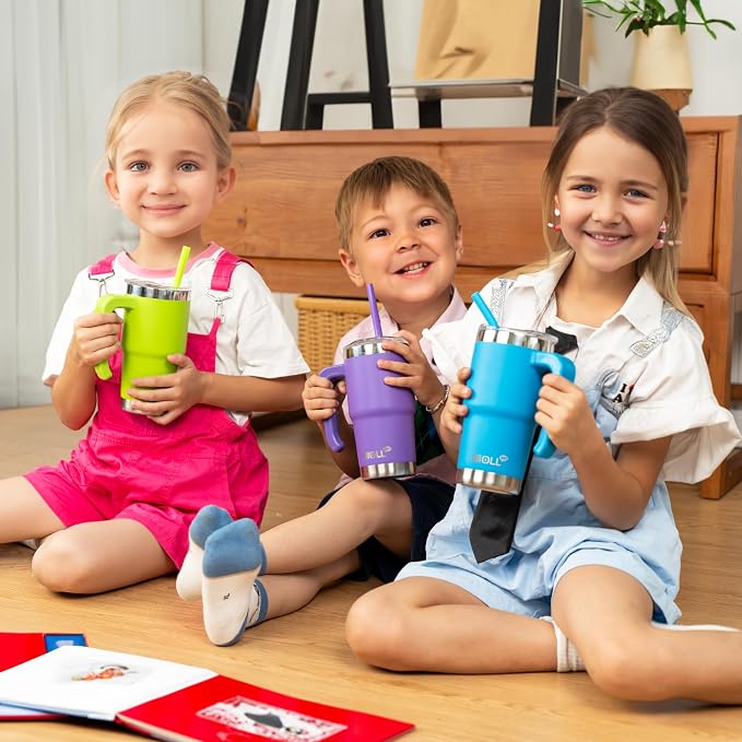 16 oz Kids Tumbler with Handle,Insulated Cup with Lid and Straw (Orange) | BPA Free, Food-Grade Safe Reusable Metal Water Bottle,Leak Proof Design,Sweat-Free Double Wall