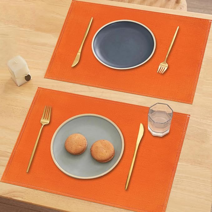 Orange Fall Placemats Set of 6, 12x18 Inch Washable Easy to Clean Heat-Resistant Anti-Skid Indoor Outdoor Table Mats for Holiday Party Kitchen Dining Room Decoration