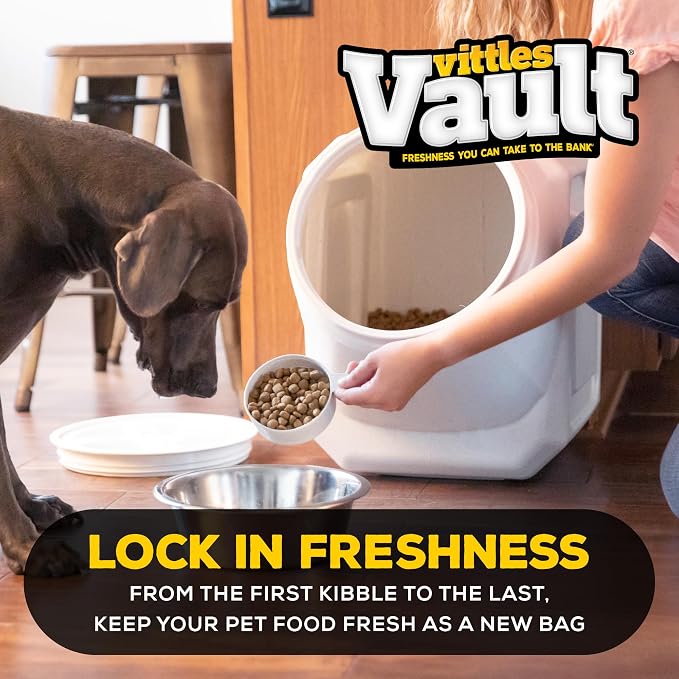 Vittles Vault Traditional Pet Food Storage Container For Dog Kibbles/Bird Seed/Oatmeal/Rice/Flour/Cereal, BPA Free Plastic, Sealed Airtight For Cat Food, Up To 60 lb, Made in USA, With Scoop, Gray
