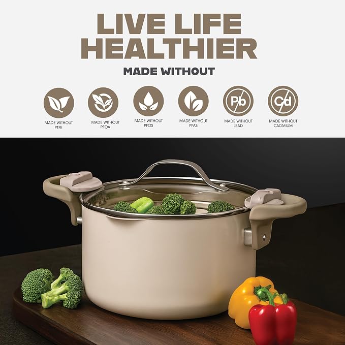 GOTHAM STEEL 5 Qt Stock Pot Multipurpose Pasta Pot with Strainer Lid | Twist and Lock Handles, Non Toxic Ceramic Non Stick Coating, for Cooking Soup, Spaghetti, Rice, Dishwasher Safe - Cream