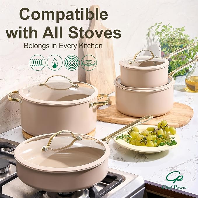 Ceramic Frying Pan with Stainless Steel Handle 5Pcs Set, Non Stick Grill Pan Set, Dishwasher and Oven Safe, Taupe and Light Gold Handle