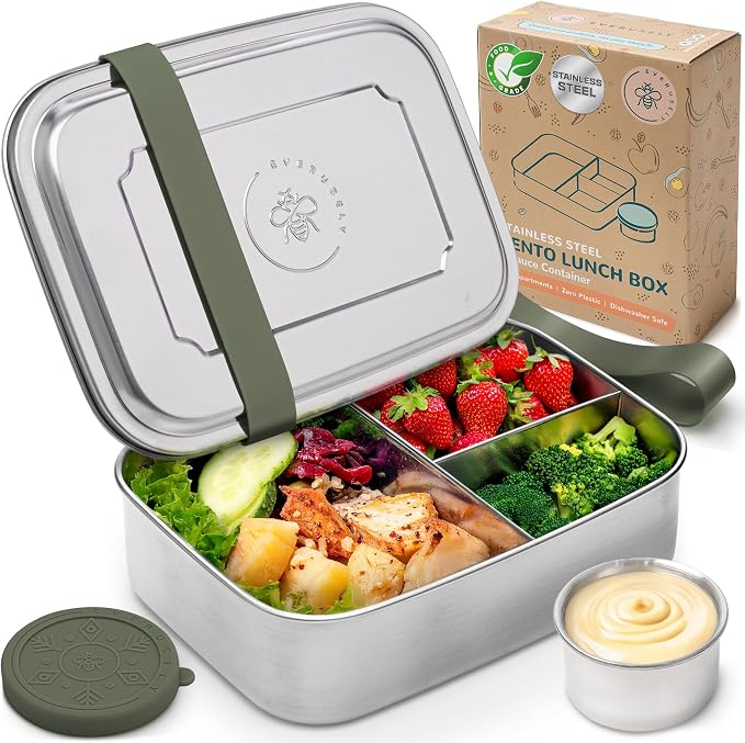 Stainless Steel Bento Box + Condiment Container - Sage, 60oz / 1.8 L | Everusely extra large metal lunch box, leakproof sauce container, 3 compartment snack organizer, freezer & dishwasher safe