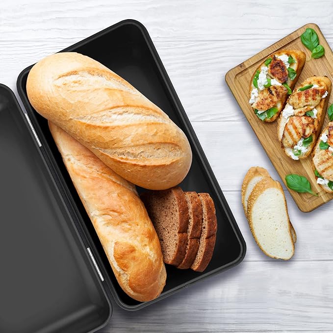 E-far Vintage Bread Box for Kitchen Countertop, Black Metal Bread Storage Container Retro Bread Bin for Pastries/Loaves/Dry Food, Large Capacity & Modern Design (16.7” x 9” x 6.4”)