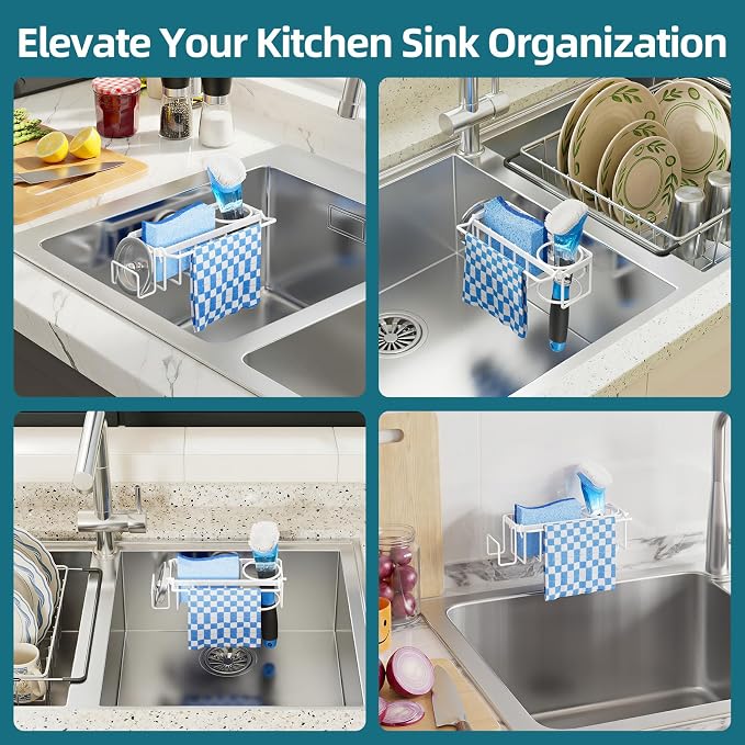 TAILI 4-in-1 Sink Caddy for Kitchen Sink with Strong Suction Cup-White | Removable Sponge Holder for Kitchen Sink Organizer, Rustproof 304 Stainless Steel Holder for Sponge, Brush, Scrubber, Scraper