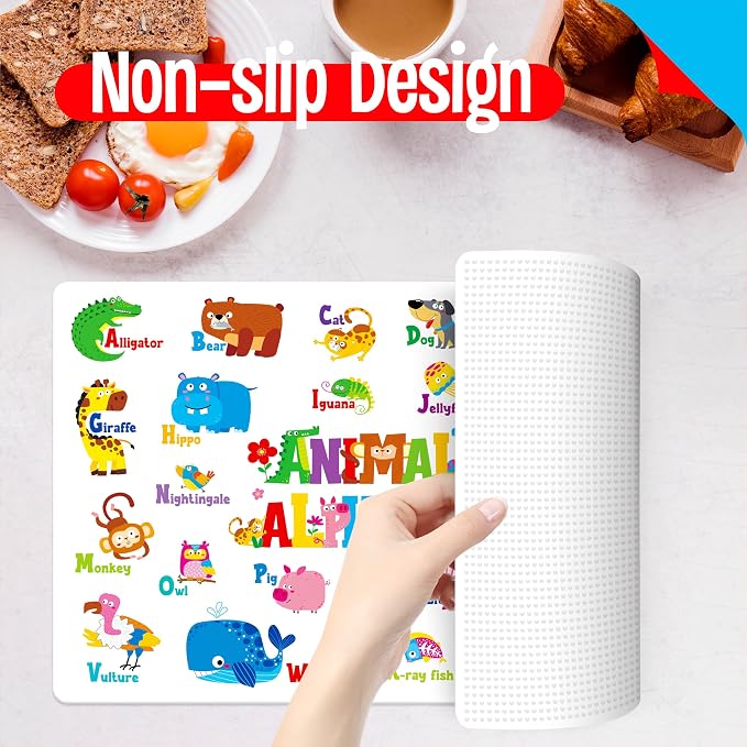 6 Pack Placemats for Kids, Non-Slip Washable, Reusable Animals, Alphabet, Dinosaur, Universe, Ocean Themed Educational Placemats for Home, Kindergarten, Classroom, Nursery