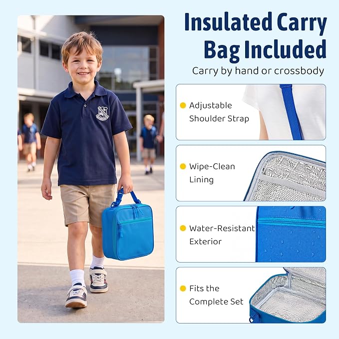Bento Box for Kids with Thermo Food Container (9oz), 4-Compartment Lunch Box, Adjustable Divider, Leakproof Bento Lunch Box, Includes Utensils & Carry Bag for School, Office(Blue)