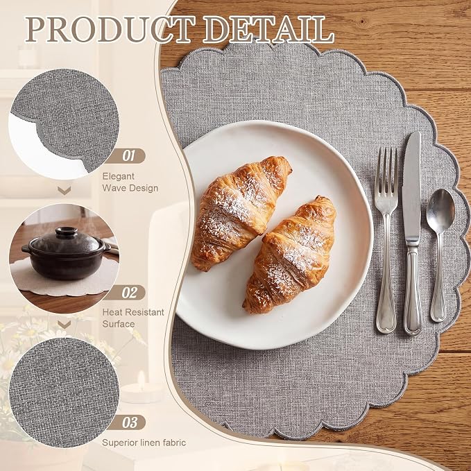 Set of 12 Gray Cotton Placemats 15" Round Scalloped | Double Layered Cotton Fabric, Washable Embroidery, Classic Edge, Rustic Table Mats for Wedding Dining Table Decor