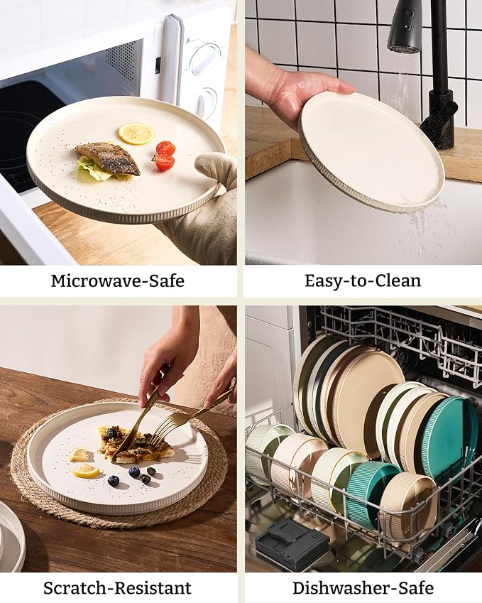 Famiware Ceramic Plates and Bowls Set, Dinnerware Sets, Ribbed Dishes for 4 | 12-Piece Stoneware Dishware, Lipped Edges, Chip & Scratch Resistant, Microwave & Dishwasher Safe, Everyday Use, Oat White