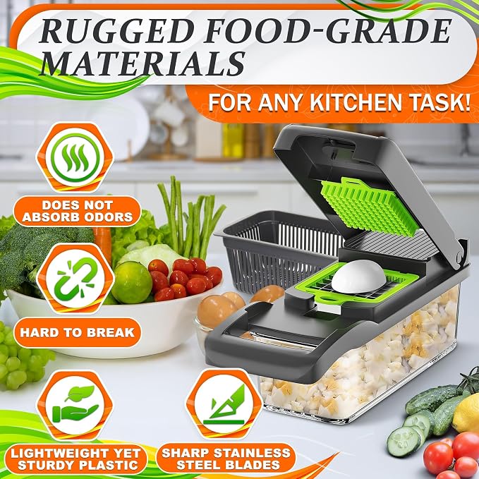 14-in-1 Vegetable Chopper with Container, 6 Blades & Finger Guard | Veggie Chopper with Container and Lid, Cheese Grater & Egg Separator, Dishwasher Safe, Dices Onion, Potato, Chips & Cubes