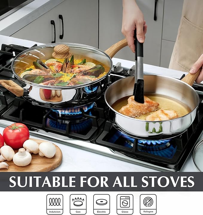KOCH SYSTEME CS 12 Inch Stainless Steel Saute Pan with Lid, 6 Quart Deep Frying Pan, 18/10 Stainless Steel Saute Pan with Cool-Touch Bakelite Handle, Deep Fry Pan, Induction Ready