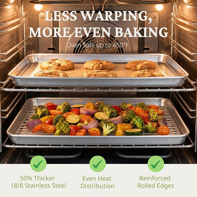 BRONYPRO 18/8 Stainless Steel Baking Sheet Set (3 Pans + 3 Mats+ 1 Rack) | Uncoated Cookie Sheets Non Toxic -PFOA & PTFE Free,Trays with Wire Rack & Macaron Silicone Mats, 9/12/16 Inch