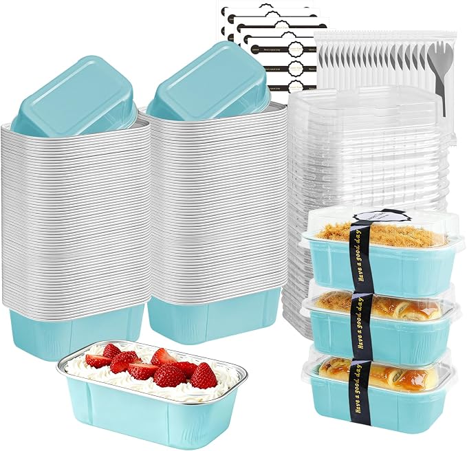 Mini Loaf Pans With Lids And Spoons 50 Pack,5.5 Oz Rectangle Mini Individual Cake Tins Disposable Small Aluminum Foil Baking Pans(50, Wathet)